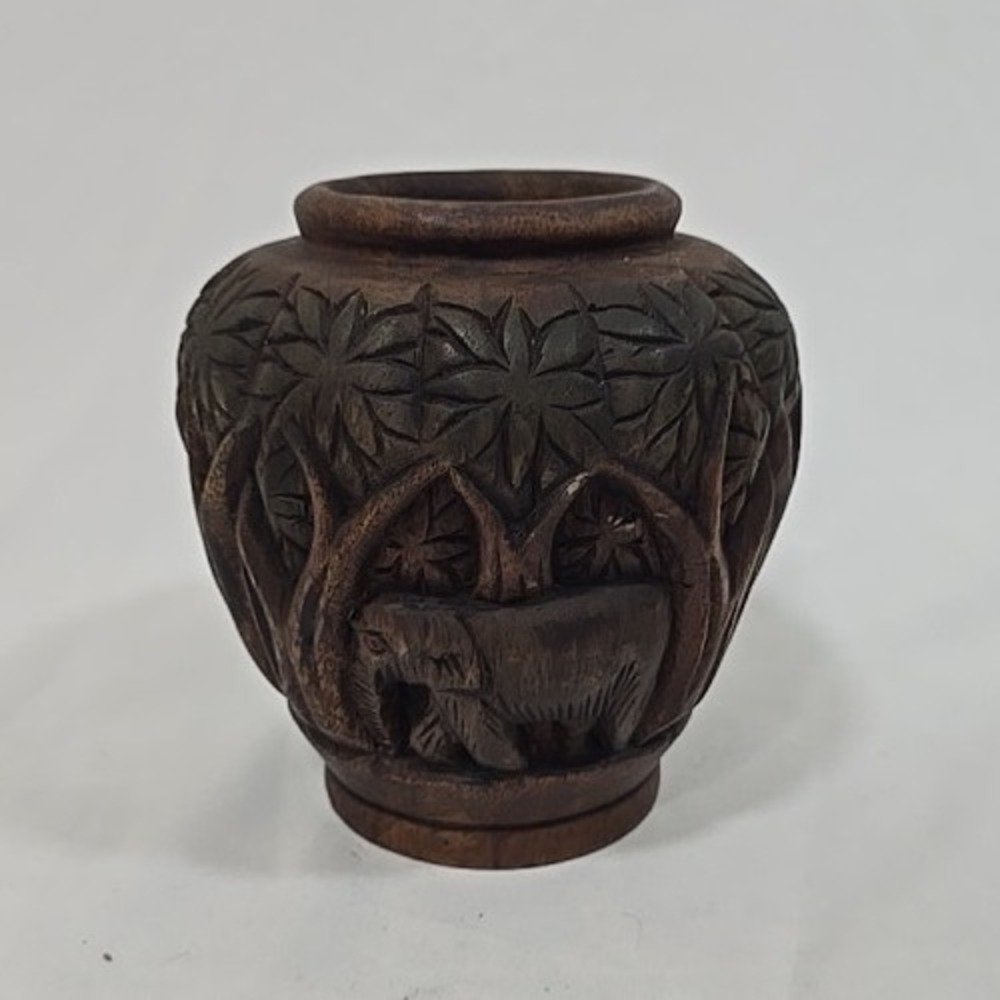 Vtg 1970s hand Carved Wooden Vessel Bowl Vase Elephants safari‎ jungle African